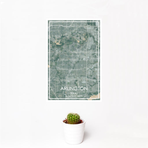 12x18 Arlington Texas Map Print Portrait Orientation in Afternoon Style With Small Cactus Plant in White Planter