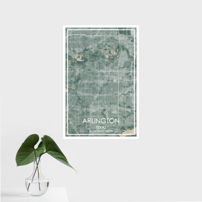 16x24 Arlington Texas Map Print Portrait Orientation in Afternoon Style With Tropical Plant Leaves in Water