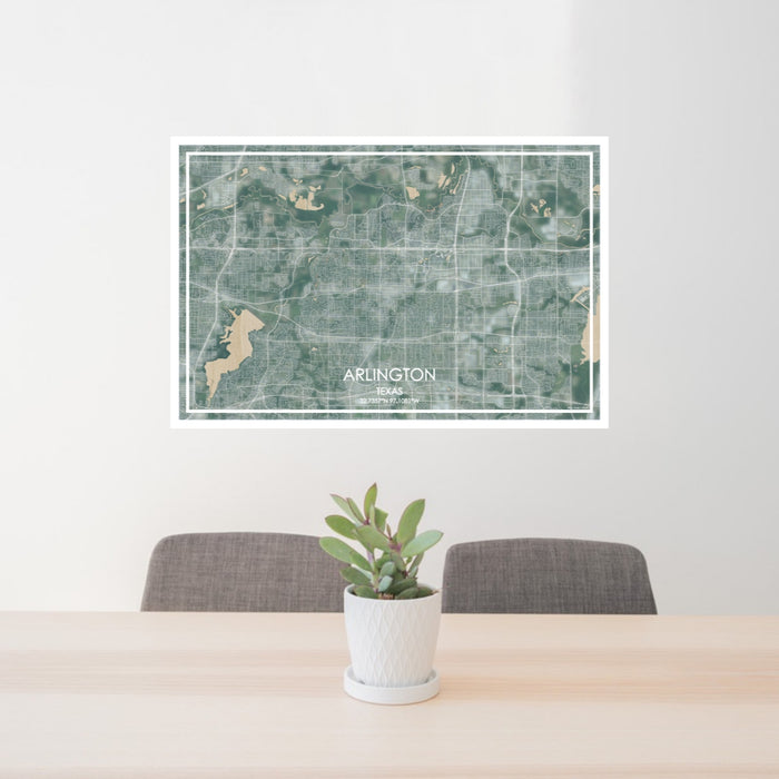 24x36 Arlington Texas Map Print Lanscape Orientation in Afternoon Style Behind 2 Chairs Table and Potted Plant