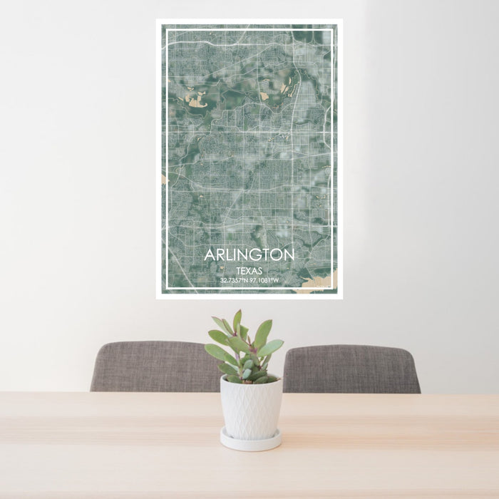 24x36 Arlington Texas Map Print Portrait Orientation in Afternoon Style Behind 2 Chairs Table and Potted Plant