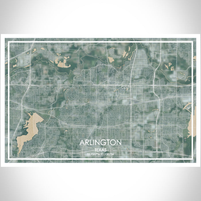 Arlington Texas Map Print Landscape Orientation in Afternoon Style With Shaded Background