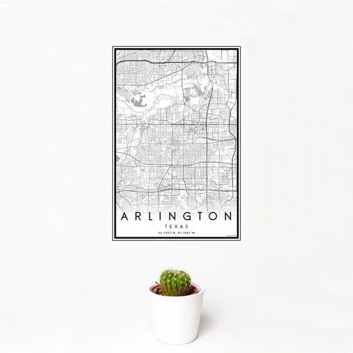 12x18 Arlington Texas Map Print Portrait Orientation in Classic Style With Small Cactus Plant in White Planter
