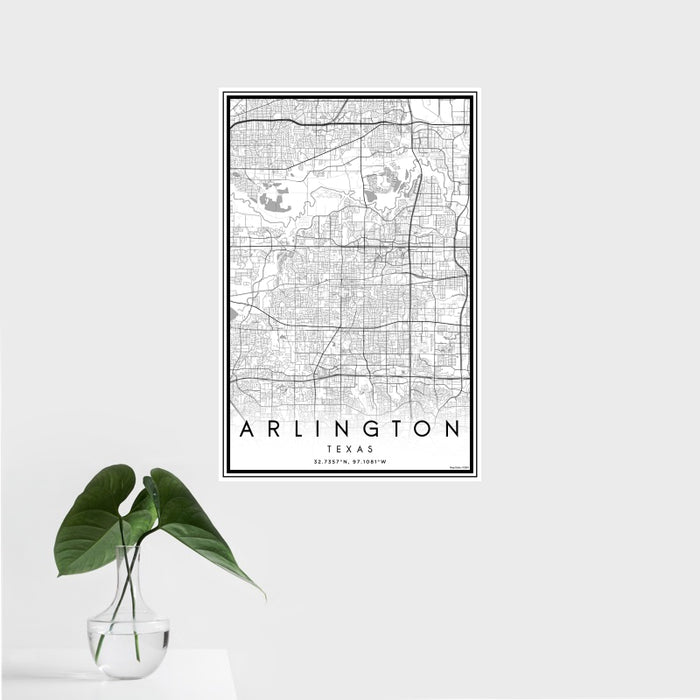 16x24 Arlington Texas Map Print Portrait Orientation in Classic Style With Tropical Plant Leaves in Water