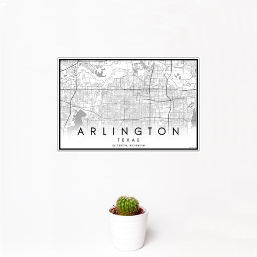 12x18 Arlington Texas Map Print Landscape Orientation in Classic Style With Small Cactus Plant in White Planter