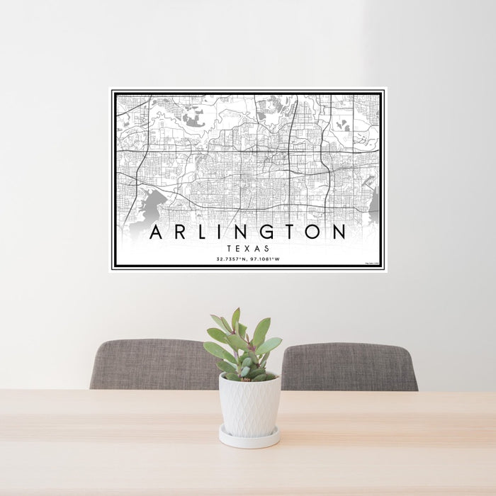 24x36 Arlington Texas Map Print Landscape Orientation in Classic Style Behind 2 Chairs Table and Potted Plant