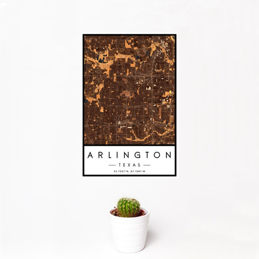 12x18 Arlington Texas Map Print Portrait Orientation in Ember Style With Small Cactus Plant in White Planter