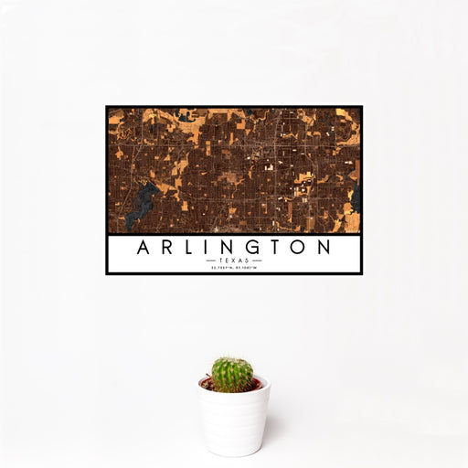 12x18 Arlington Texas Map Print Landscape Orientation in Ember Style With Small Cactus Plant in White Planter