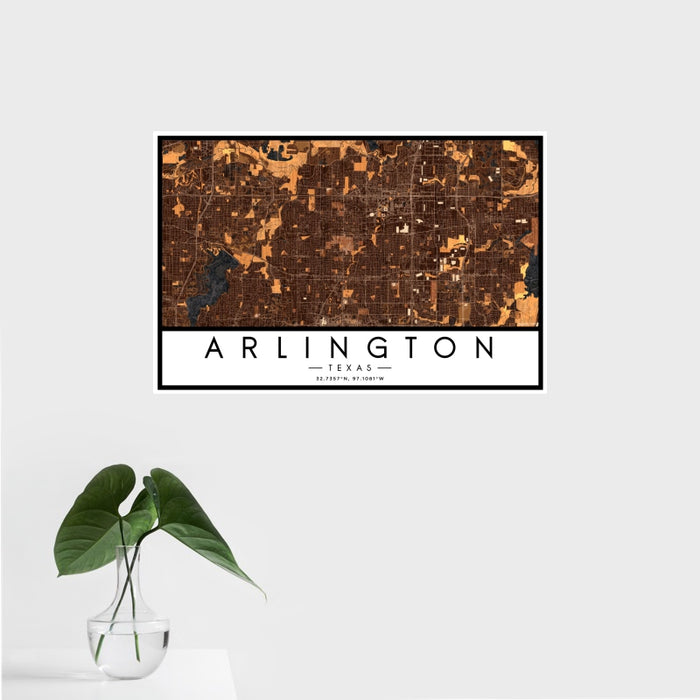 16x24 Arlington Texas Map Print Landscape Orientation in Ember Style With Tropical Plant Leaves in Water
