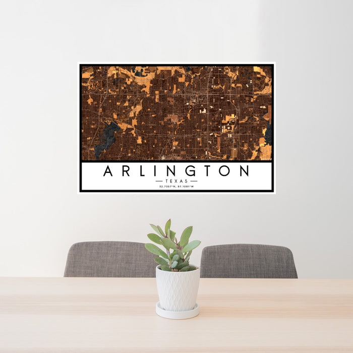 24x36 Arlington Texas Map Print Landscape Orientation in Ember Style Behind 2 Chairs Table and Potted Plant