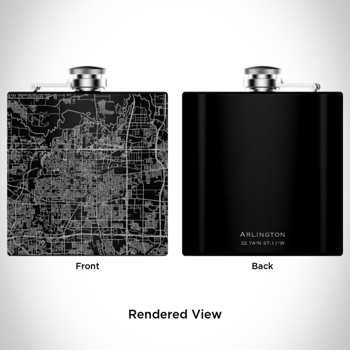 Rendered View of Arlington Texas Map Engraving on 6oz Stainless Steel Flask in Black