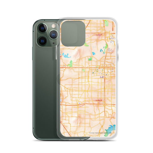 Custom Arlington Texas Map Phone Case in Watercolor on Table with Laptop and Plant