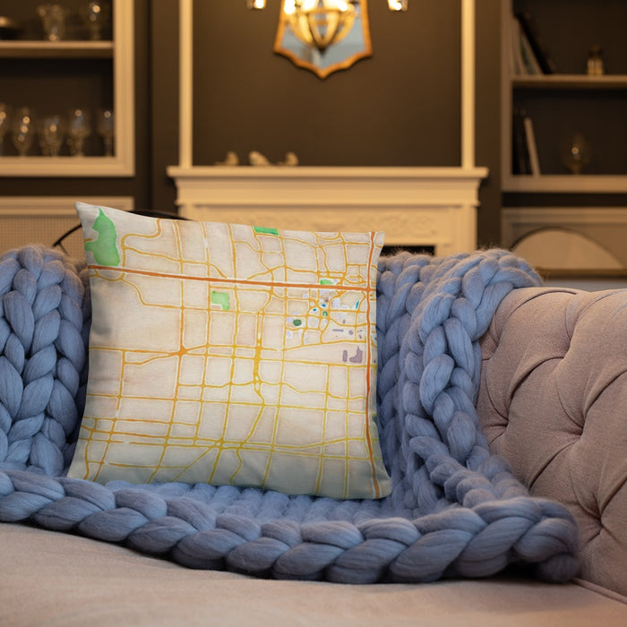 Custom Arlington Texas Map Throw Pillow in Watercolor on Cream Colored Couch