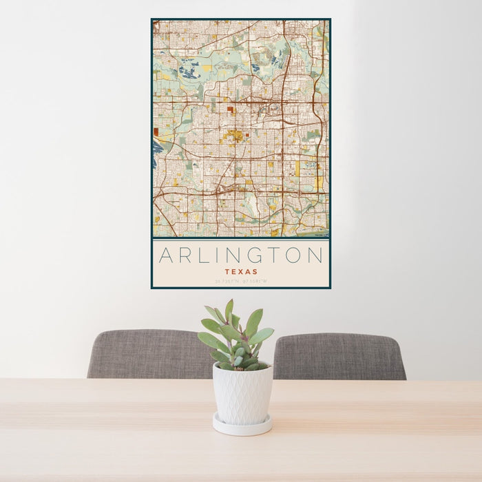 24x36 Arlington Texas Map Print Portrait Orientation in Woodblock Style Behind 2 Chairs Table and Potted Plant