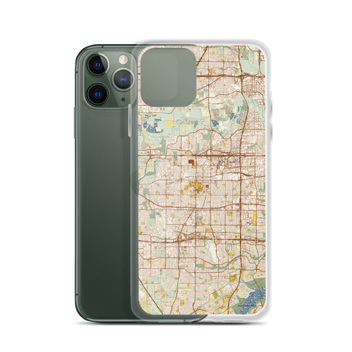 Custom Arlington Texas Map Phone Case in Woodblock on Table with Laptop and Plant