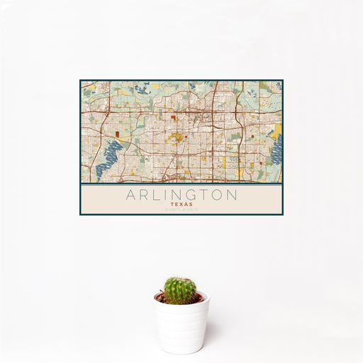 12x18 Arlington Texas Map Print Landscape Orientation in Woodblock Style With Small Cactus Plant in White Planter
