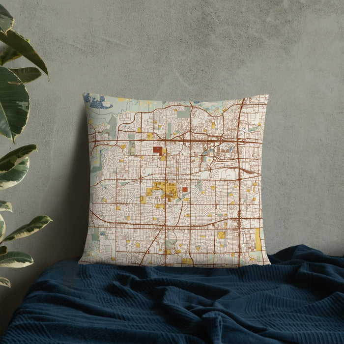 Custom Arlington Texas Map Throw Pillow in Woodblock on Bedding Against Wall