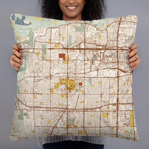 Person holding 22x22 Custom Arlington Texas Map Throw Pillow in Woodblock