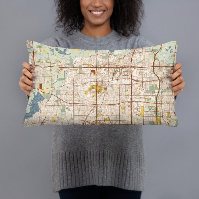 Person holding 20x12 Custom Arlington Texas Map Throw Pillow in Woodblock