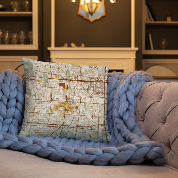 Custom Arlington Texas Map Throw Pillow in Woodblock on Cream Colored Couch