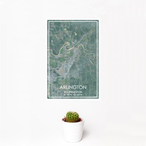 12x18 Arlington Washington Map Print Portrait Orientation in Afternoon Style With Small Cactus Plant in White Planter