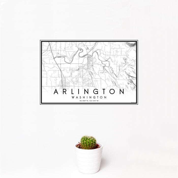 12x18 Arlington Washington Map Print Landscape Orientation in Classic Style With Small Cactus Plant in White Planter