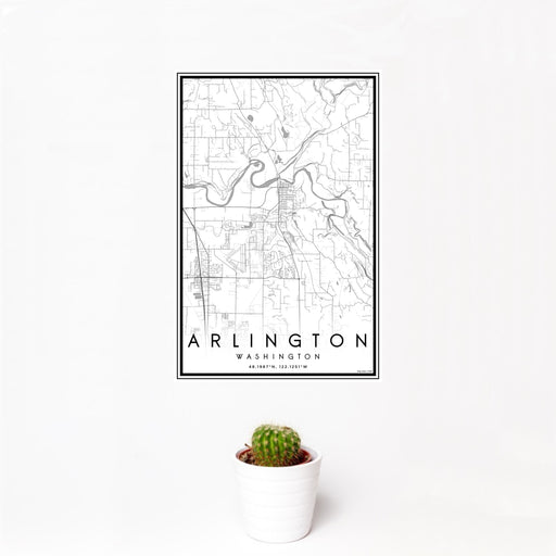 12x18 Arlington Washington Map Print Portrait Orientation in Classic Style With Small Cactus Plant in White Planter