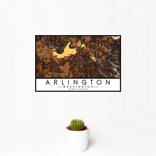 12x18 Arlington Washington Map Print Landscape Orientation in Ember Style With Small Cactus Plant in White Planter
