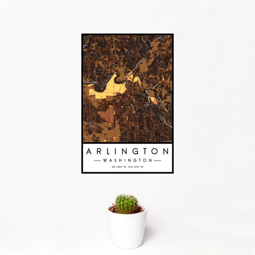 12x18 Arlington Washington Map Print Portrait Orientation in Ember Style With Small Cactus Plant in White Planter