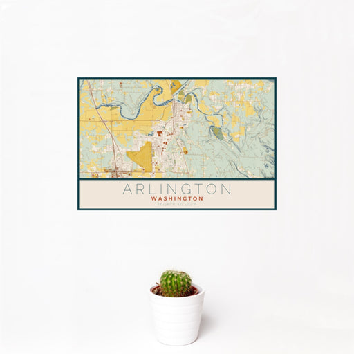 12x18 Arlington Washington Map Print Landscape Orientation in Woodblock Style With Small Cactus Plant in White Planter