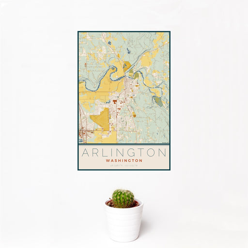 12x18 Arlington Washington Map Print Portrait Orientation in Woodblock Style With Small Cactus Plant in White Planter