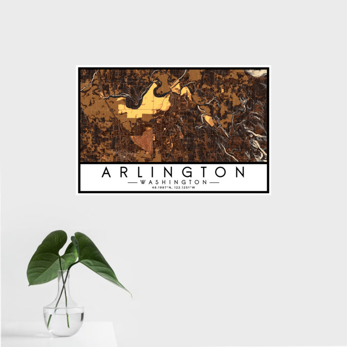 16x24 Arlington Washington Map Print Landscape Orientation in Ember Style With Tropical Plant Leaves in Water