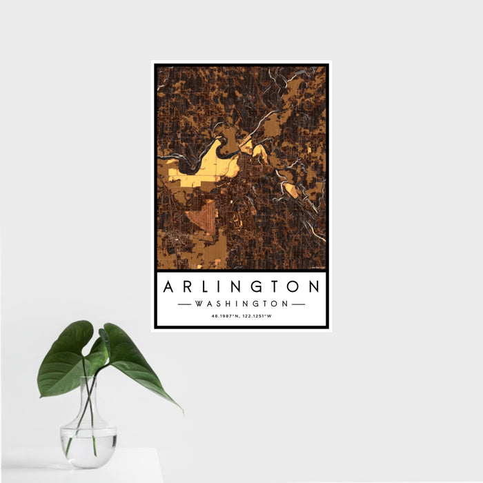 16x24 Arlington Washington Map Print Portrait Orientation in Ember Style With Tropical Plant Leaves in Water