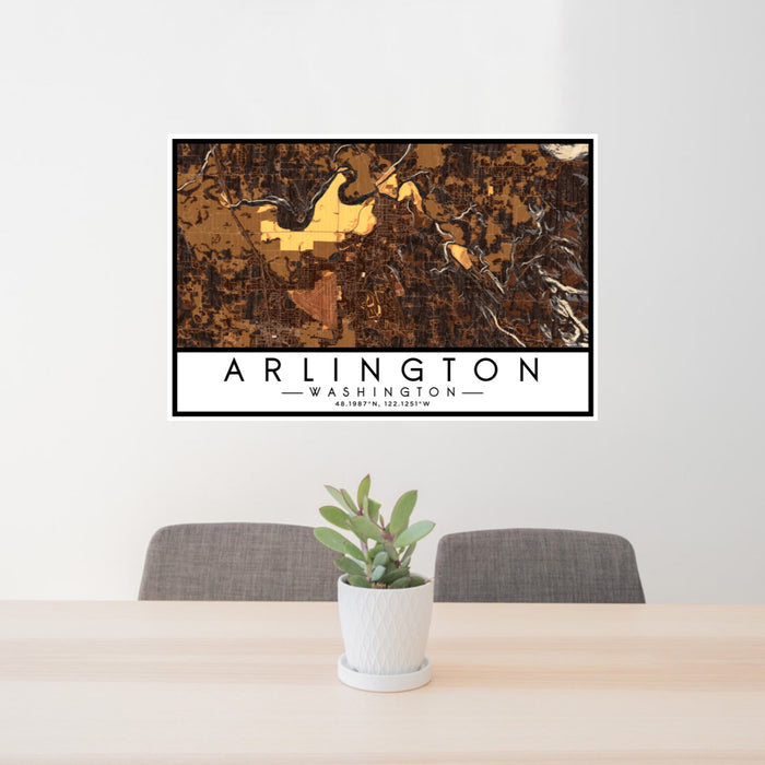 24x36 Arlington Washington Map Print Lanscape Orientation in Ember Style Behind 2 Chairs Table and Potted Plant