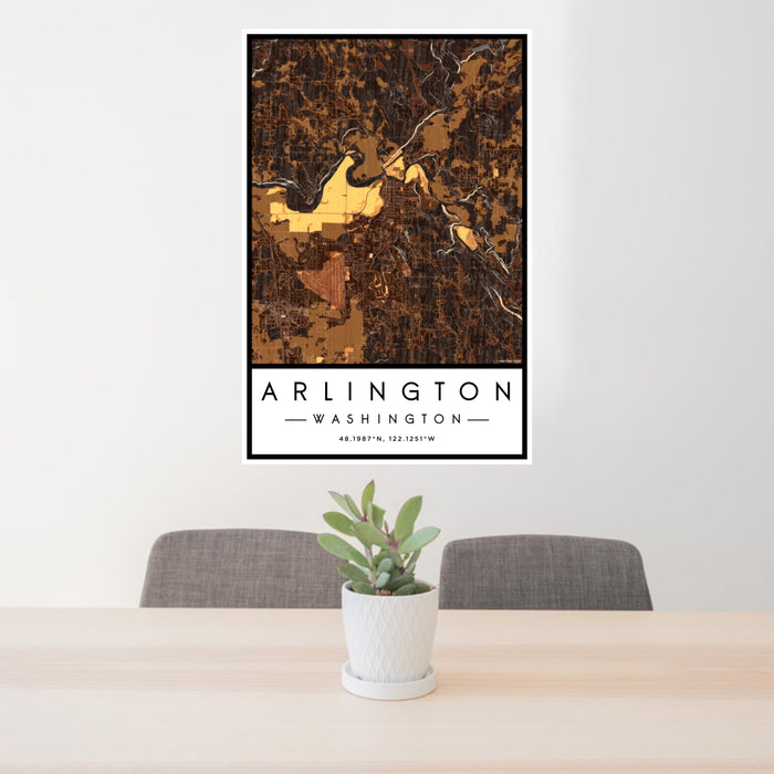 24x36 Arlington Washington Map Print Portrait Orientation in Ember Style Behind 2 Chairs Table and Potted Plant