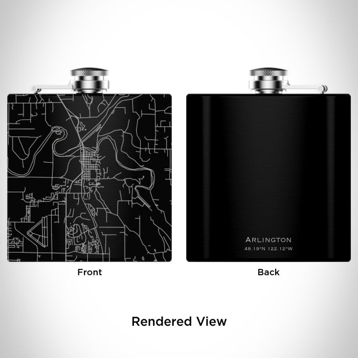 Rendered View of Arlington Washington Map Engraving on 6oz Stainless Steel Flask in Black