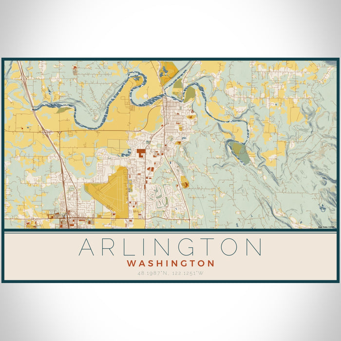 Arlington Washington Map Print Landscape Orientation in Woodblock Style With Shaded Background