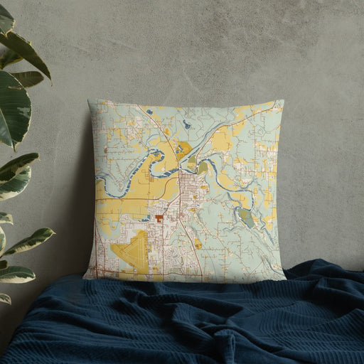 Custom Arlington Washington Map Throw Pillow in Woodblock on Bedding Against Wall