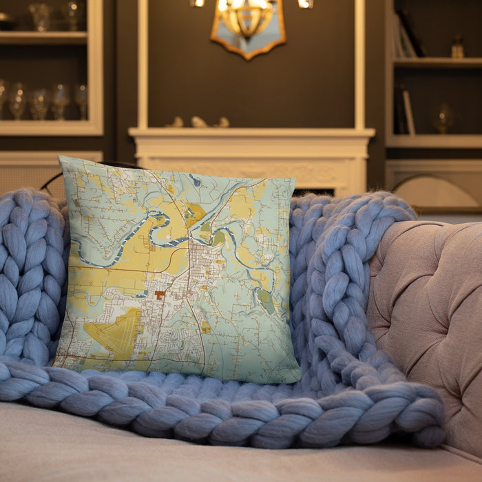 Custom Arlington Washington Map Throw Pillow in Woodblock on Cream Colored Couch