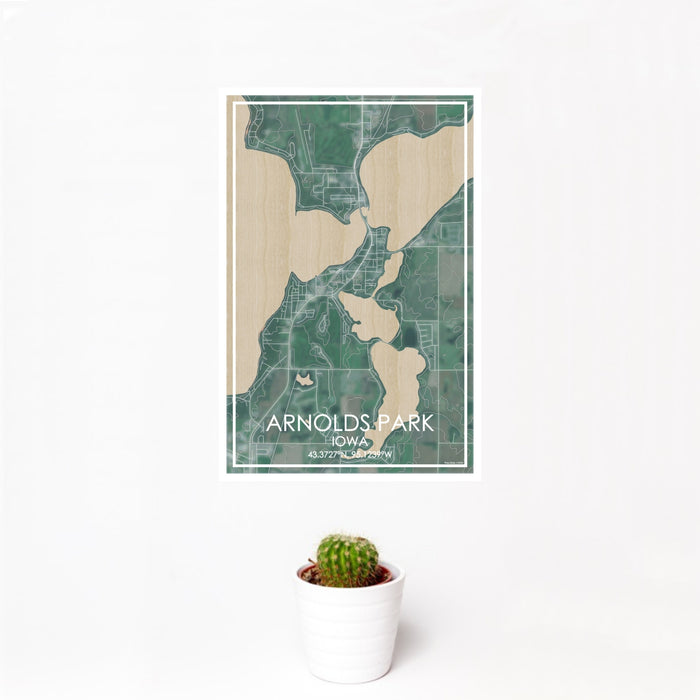 12x18 Arnolds Park Iowa Map Print Portrait Orientation in Afternoon Style With Small Cactus Plant in White Planter