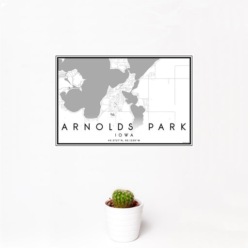 12x18 Arnolds Park Iowa Map Print Landscape Orientation in Classic Style With Small Cactus Plant in White Planter