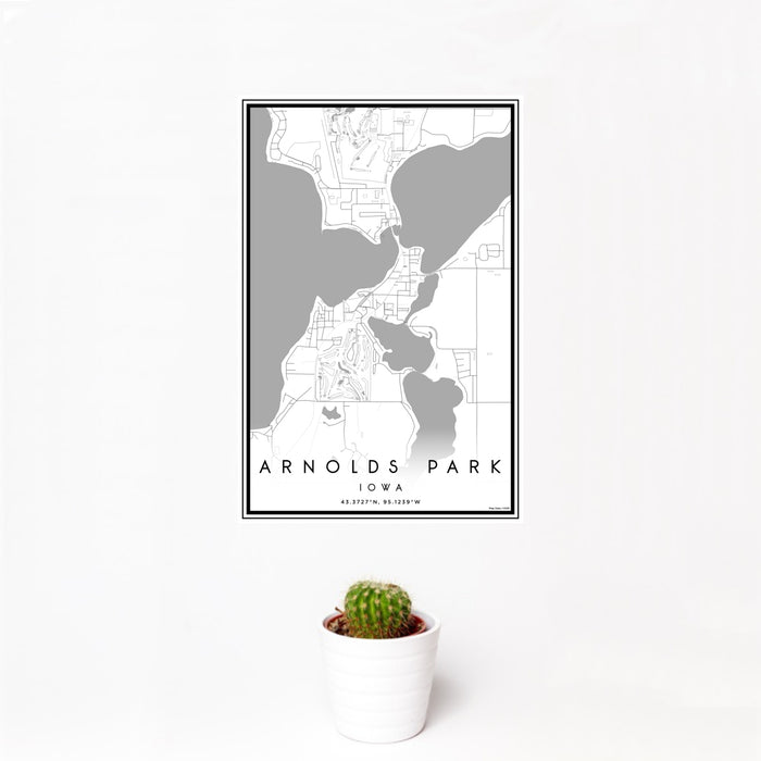 12x18 Arnolds Park Iowa Map Print Portrait Orientation in Classic Style With Small Cactus Plant in White Planter