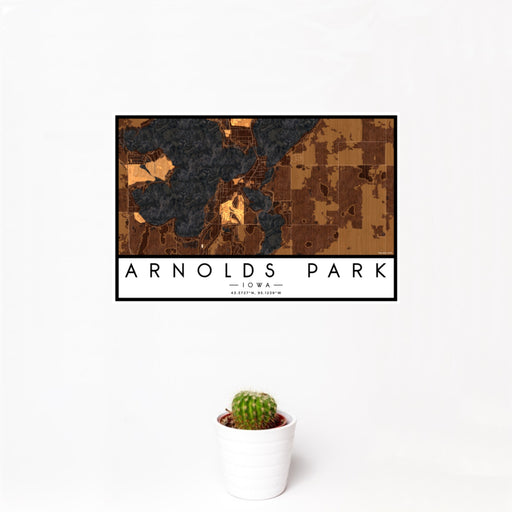 12x18 Arnolds Park Iowa Map Print Landscape Orientation in Ember Style With Small Cactus Plant in White Planter