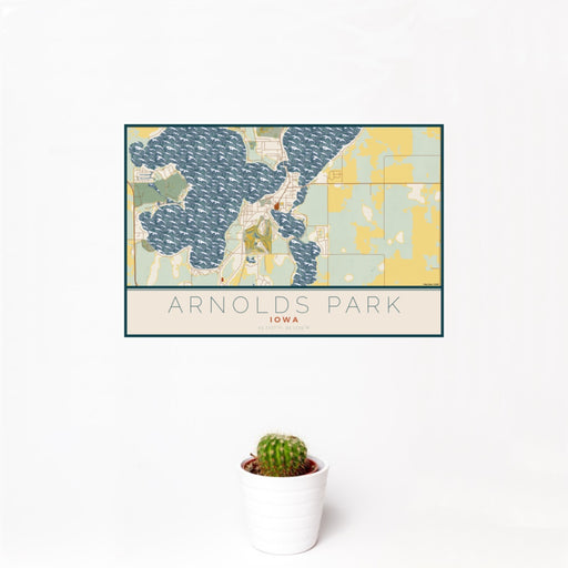 12x18 Arnolds Park Iowa Map Print Landscape Orientation in Woodblock Style With Small Cactus Plant in White Planter