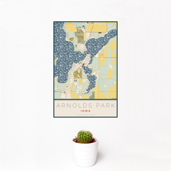 12x18 Arnolds Park Iowa Map Print Portrait Orientation in Woodblock Style With Small Cactus Plant in White Planter
