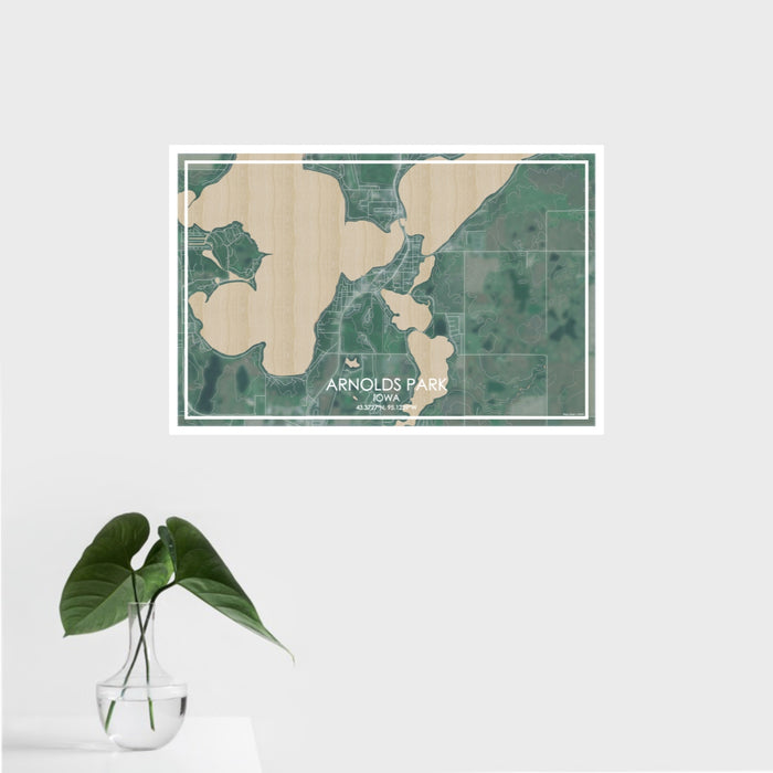 16x24 Arnolds Park Iowa Map Print Landscape Orientation in Afternoon Style With Tropical Plant Leaves in Water