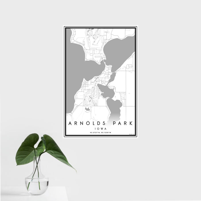 16x24 Arnolds Park Iowa Map Print Portrait Orientation in Classic Style With Tropical Plant Leaves in Water