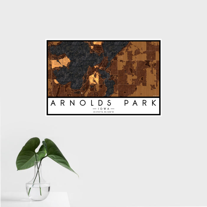 16x24 Arnolds Park Iowa Map Print Landscape Orientation in Ember Style With Tropical Plant Leaves in Water