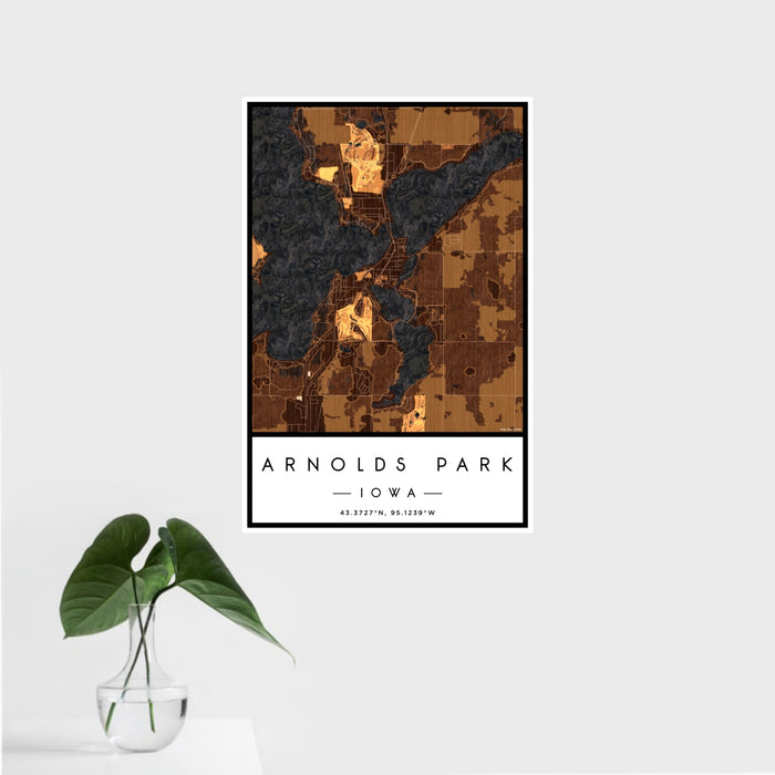 16x24 Arnolds Park Iowa Map Print Portrait Orientation in Ember Style With Tropical Plant Leaves in Water