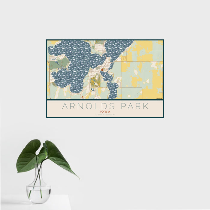 16x24 Arnolds Park Iowa Map Print Landscape Orientation in Woodblock Style With Tropical Plant Leaves in Water