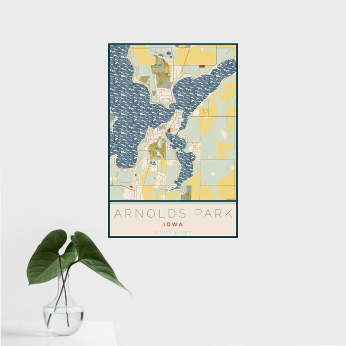 16x24 Arnolds Park Iowa Map Print Portrait Orientation in Woodblock Style With Tropical Plant Leaves in Water
